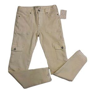 New Free People $98 Utility Cargo Jeans Raw Hem Neutral Off White Size 25